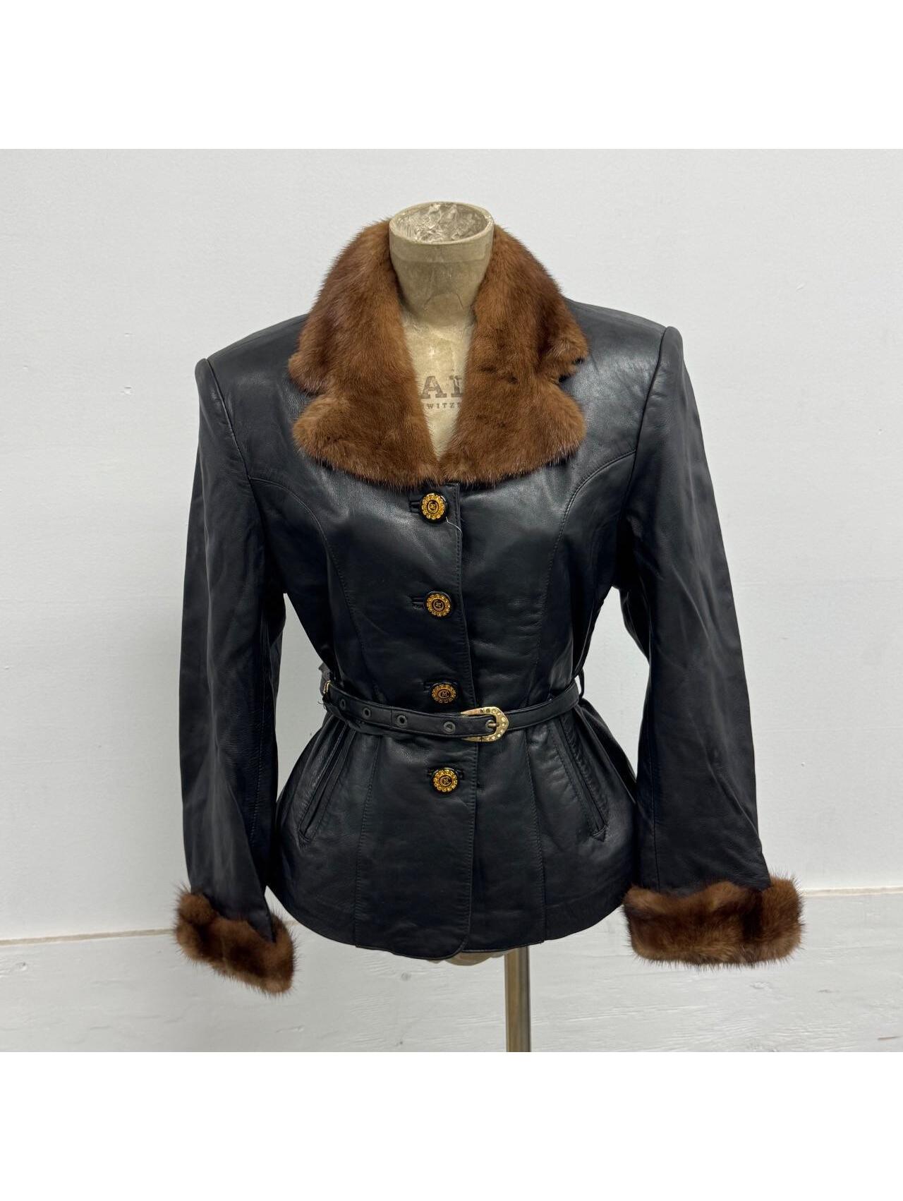 Vintage Black Leather Belted Jacket W Mink Fur Collar & Cuffs